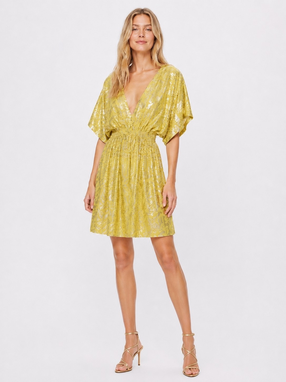 Adam Lippes Size 0 Yellow Gold Silk Metallic Gold V-Neck Short Dress